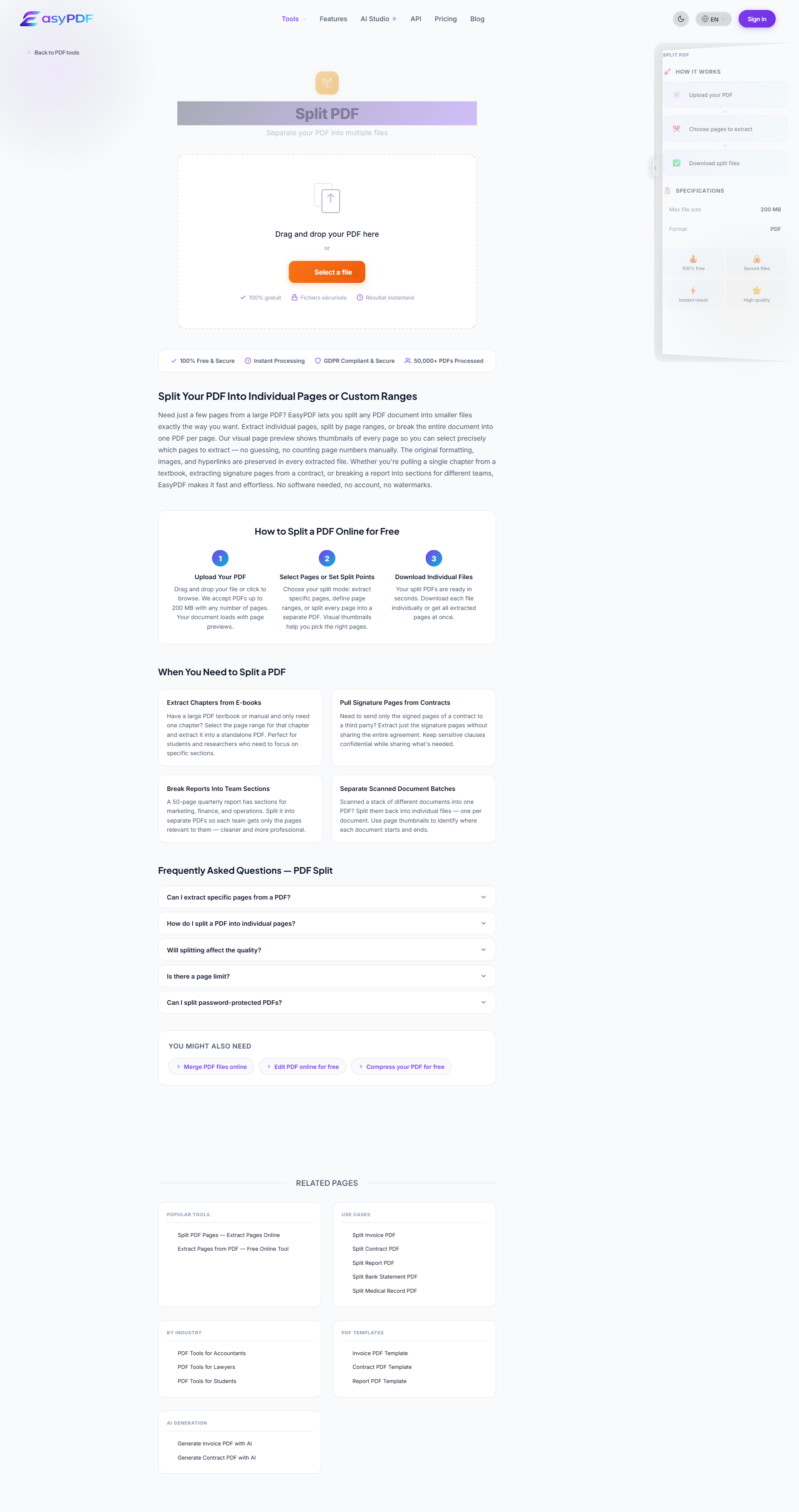 Transcript PDF splitsen zonder uploaden, zonder watermerk — EasyPDF